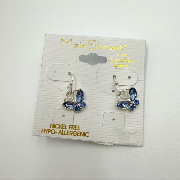 NWT Main Street Nickel Free Blue Rhinestone Butterfly Earrings Sensitive Ears - Picture 1 of 3